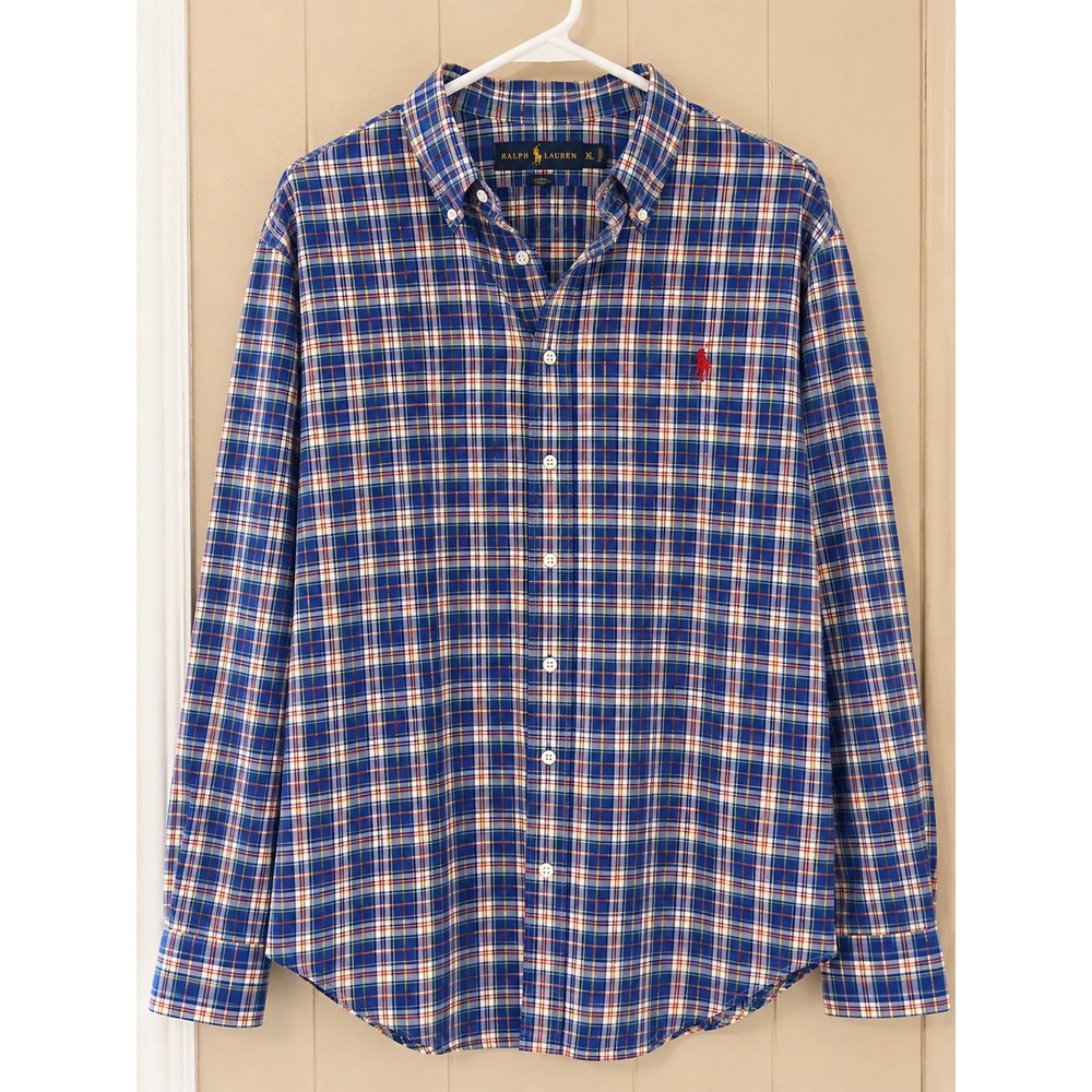 Ralph Lauren Mens XL Blue Red Plaid Long Sleeve Button Down Shirt Pony Logo